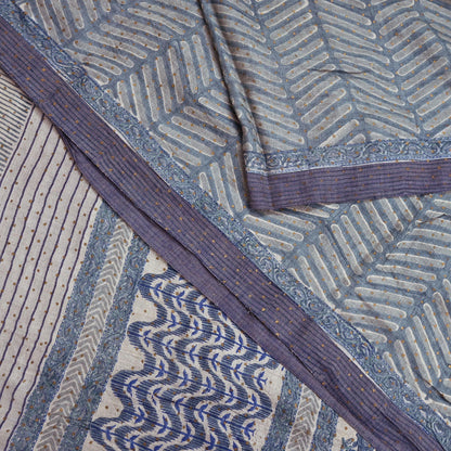 Indian Vintage Gray & Ivory Saree Pure Woolen Woven Printed Sari Warm Craft Fabric 6Yd Border Dress making Crafting Designing