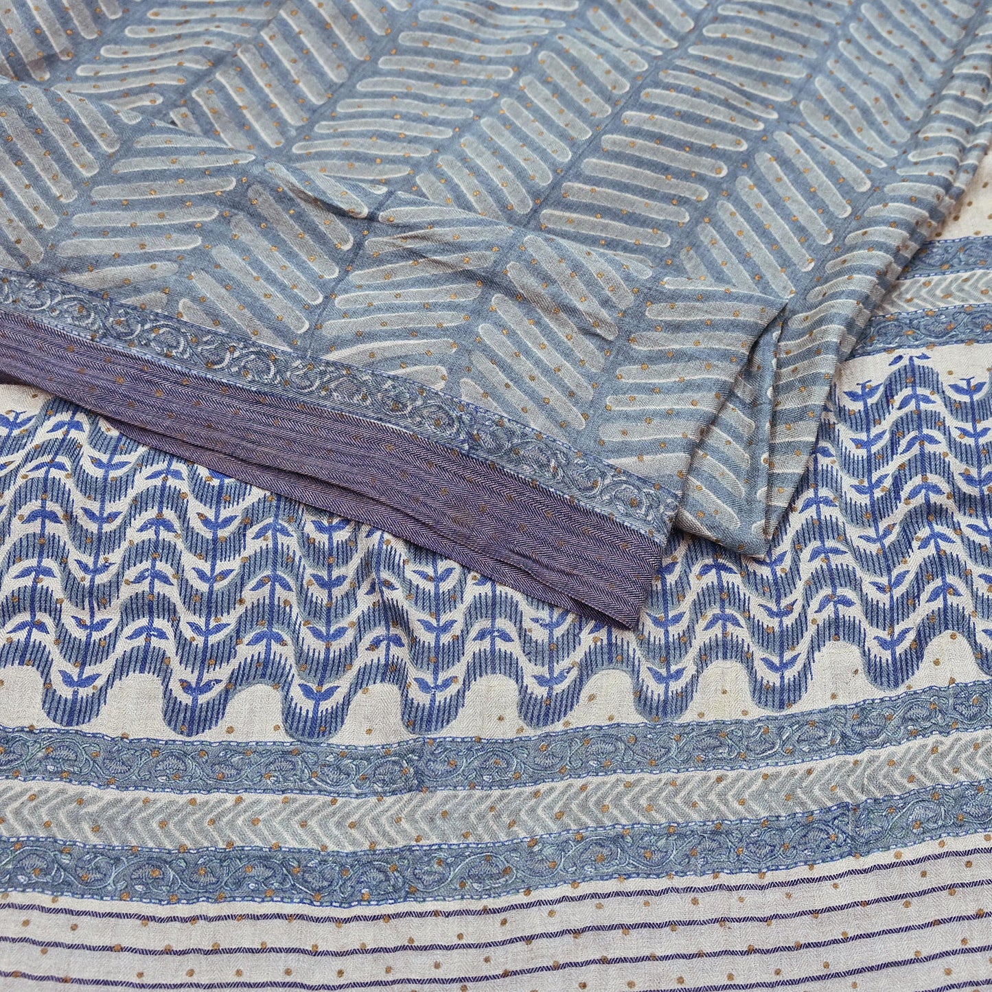 Indian Vintage Gray & Ivory Saree Pure Woolen Woven Printed Sari Warm Craft Fabric 6Yd Border Dress making Crafting Designing