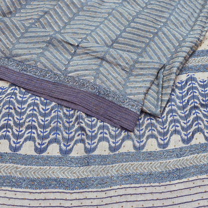 Indian Vintage Gray & Ivory Saree Pure Woolen Woven Printed Sari Warm Craft Fabric 6Yd Border Dress making Crafting Designing