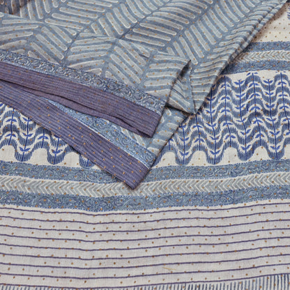 Indian Vintage Gray & Ivory Saree Pure Woolen Woven Printed Sari Warm Craft Fabric 6Yd Border Dress making Crafting Designing