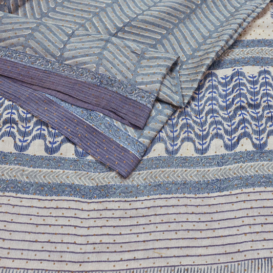 Indian Vintage Gray & Ivory Saree Pure Woolen Woven Printed Sari Warm Craft Fabric 6Yd Border Dress making Crafting Designing