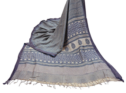 Indian Vintage Gray & Ivory Saree Pure Woolen Woven Printed Sari Warm Craft Fabric 6Yd Border Dress making Crafting Designing