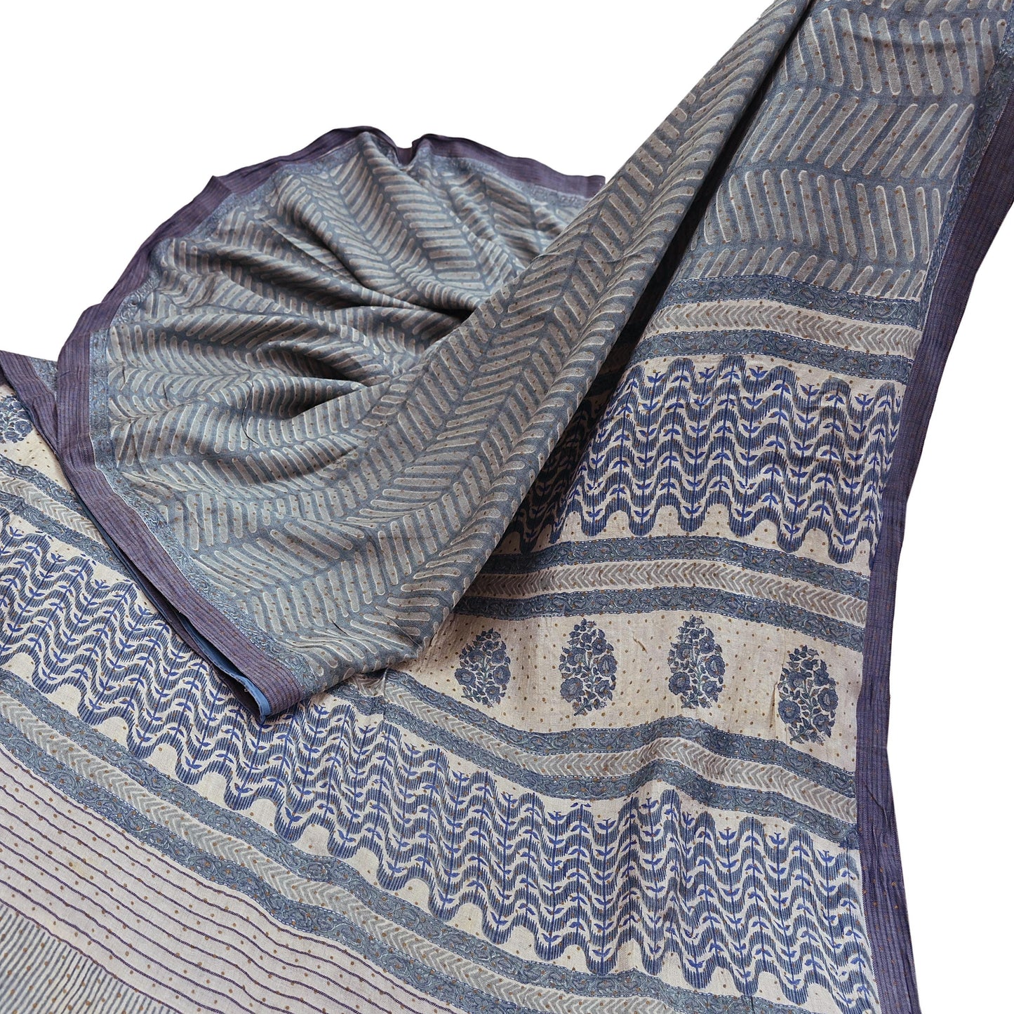 Indian Vintage Gray & Ivory Saree Pure Woolen Woven Printed Sari Warm Craft Fabric 6Yd Border Dress making Crafting Designing