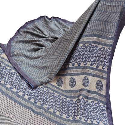 Indian Vintage Gray & Ivory Saree Pure Woolen Woven Printed Sari Warm Craft Fabric 6Yd Border Dress making Crafting Designing