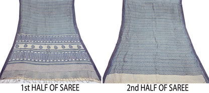 Indian Vintage Gray & Ivory Saree Pure Woolen Woven Printed Sari Warm Craft Fabric 6Yd Border Dress making Crafting Designing