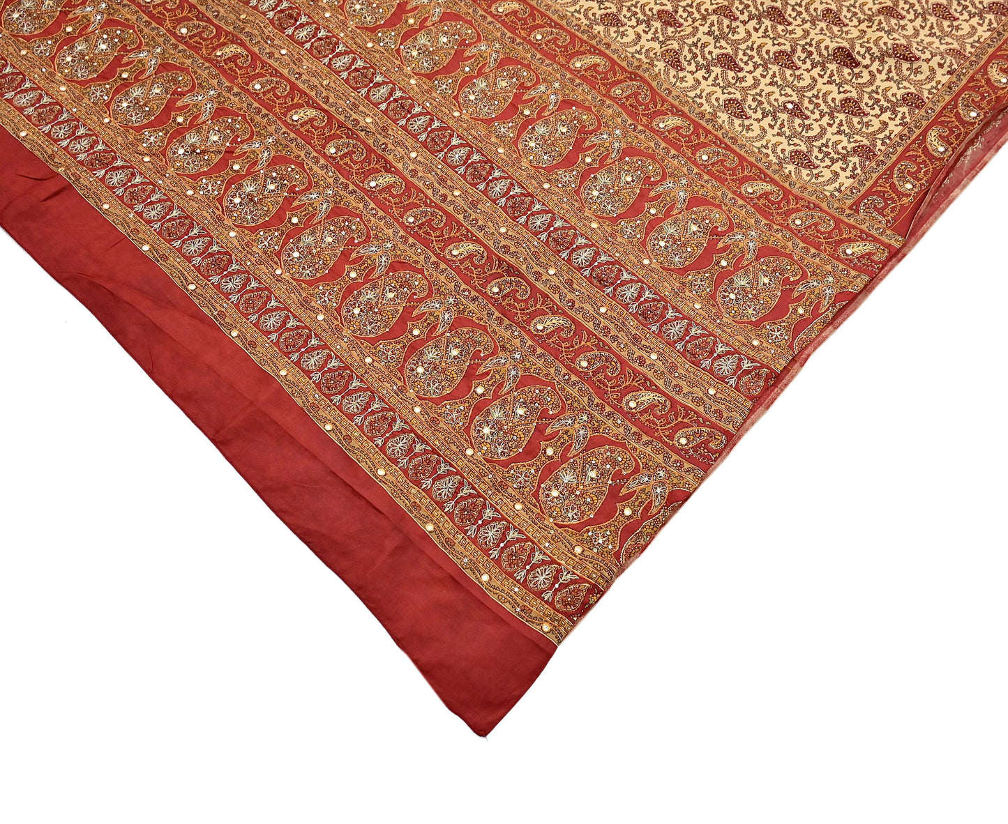 Indian Pre-Owned Sari Rusty & Beige Pure Crepe Silk Pre-owned Hand Embroidered Ritu Kumar Designer Sarees Fabric 5Yd Ethnic