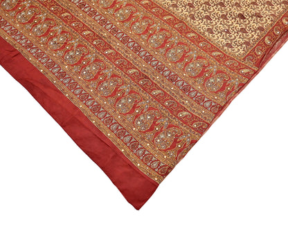 Indian Pre-Owned Sari Rusty & Beige Pure Crepe Silk Pre-owned Hand Embroidered Ritu Kumar Designer Sarees Fabric 5Yd Ethnic