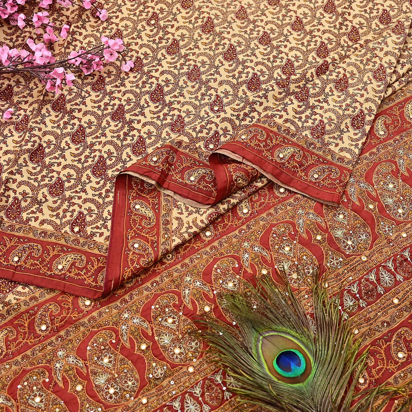 Indian Pre-Owned Sari Rusty & Beige Pure Crepe Silk Pre-owned Hand Embroidered Ritu Kumar Designer Sarees Fabric 5Yd Ethnic