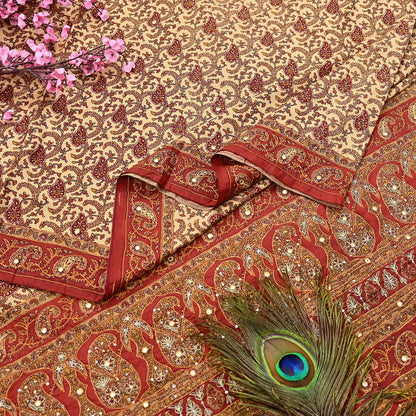 Indian Pre-Owned Sari Rusty & Beige Pure Crepe Silk Pre-owned Hand Embroidered Ritu Kumar Designer Sarees Fabric 5Yd Ethnic