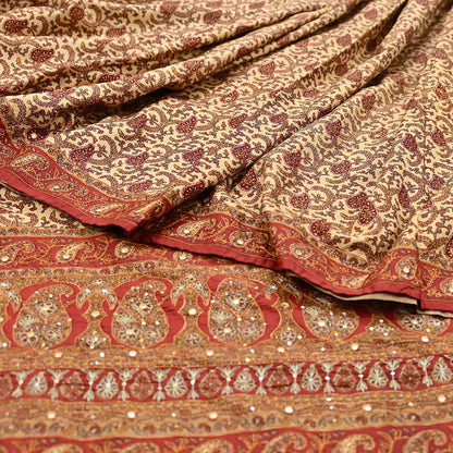 Indian Pre-Owned Sari Rusty & Beige Pure Crepe Silk Pre-owned Hand Embroidered Ritu Kumar Designer Sarees Fabric 5Yd Ethnic