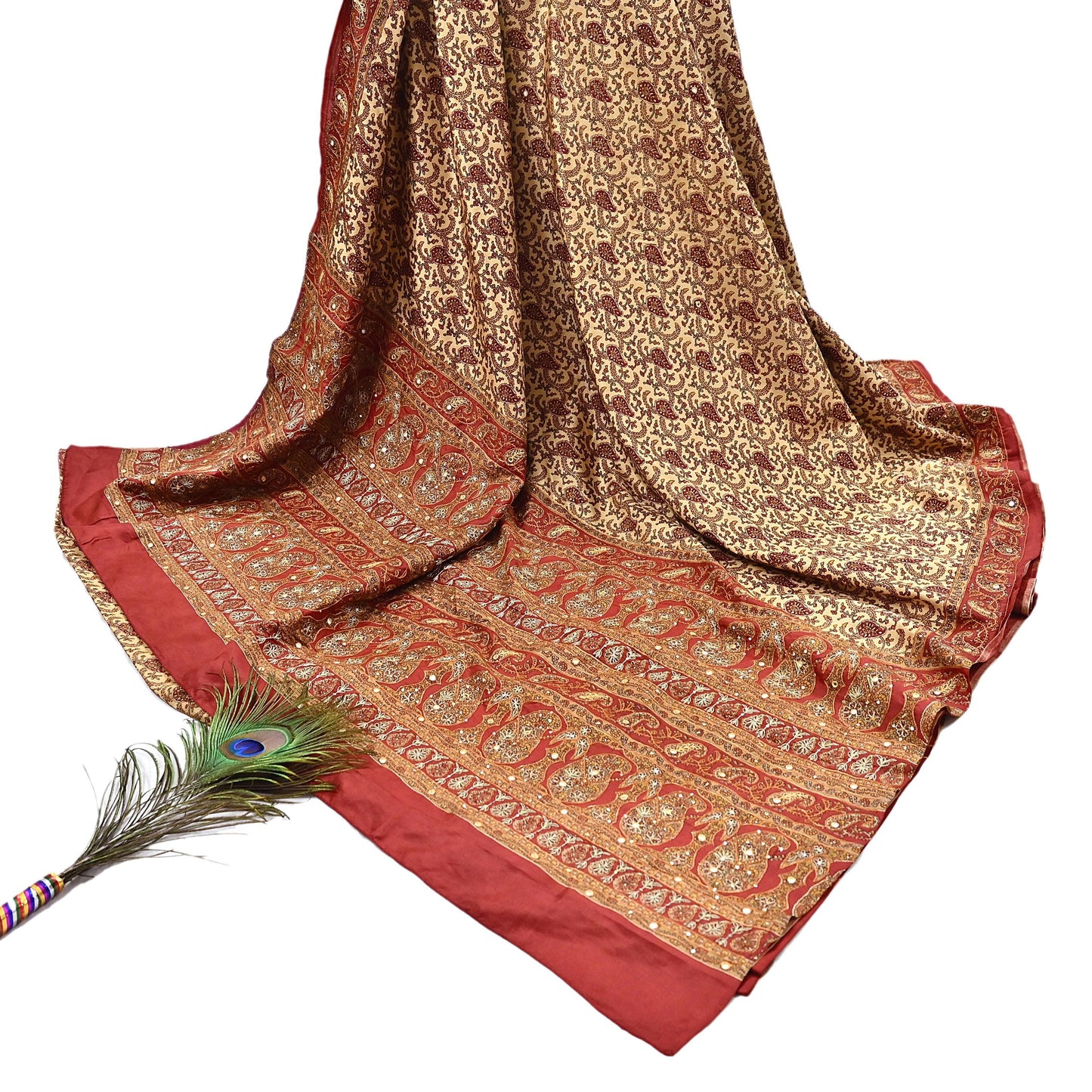 Indian Pre-Owned Sari Rusty & Beige Pure Crepe Silk Pre-owned Hand Embroidered Ritu Kumar Designer Sarees Fabric 5Yd Ethnic