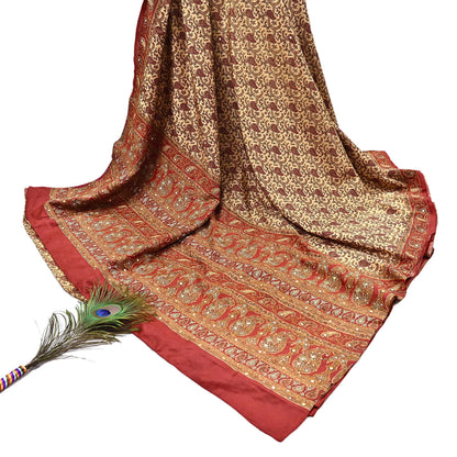 Indian Pre-Owned Sari Rusty & Beige Pure Crepe Silk Pre-owned Hand Embroidered Ritu Kumar Designer Sarees Fabric 5Yd Ethnic