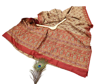 Indian Pre-Owned Sari Rusty & Beige Pure Crepe Silk Pre-owned Hand Embroidered Ritu Kumar Designer Sarees Fabric 5Yd Ethnic