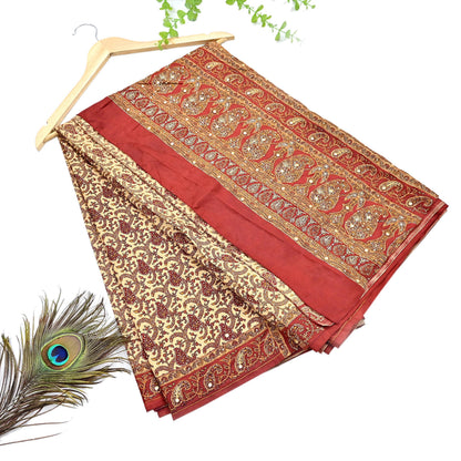 Indian Pre-Owned Sari Rusty & Beige Pure Crepe Silk Pre-owned Hand Embroidered Ritu Kumar Designer Sarees Fabric 5Yd Ethnic