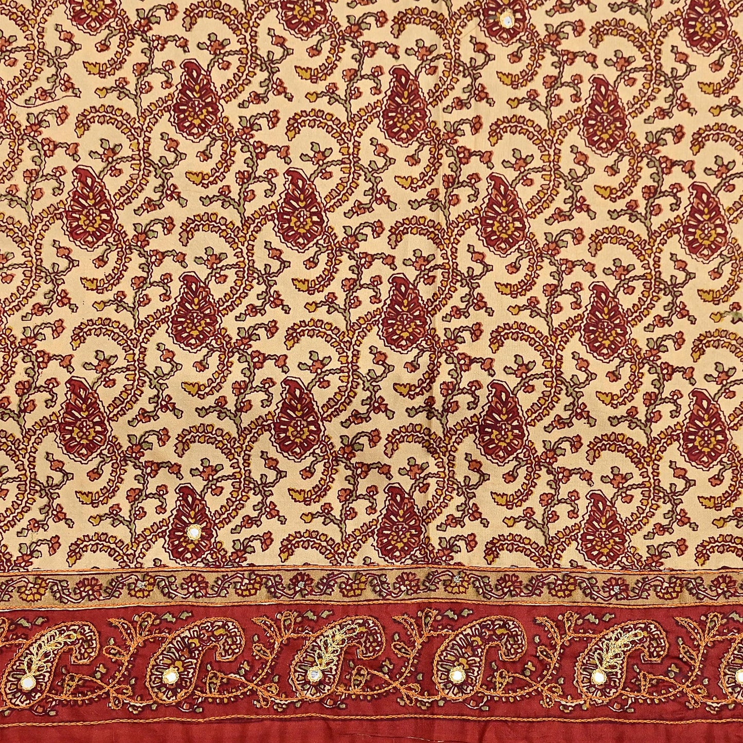 Indian Pre-Owned Sari Rusty & Beige Pure Crepe Silk Pre-owned Hand Embroidered Ritu Kumar Designer Sarees Fabric 5Yd Ethnic