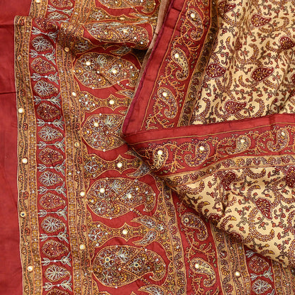 Indian Pre-Owned Sari Rusty & Beige Pure Crepe Silk Pre-owned Hand Embroidered Ritu Kumar Designer Sarees Fabric 5Yd Ethnic