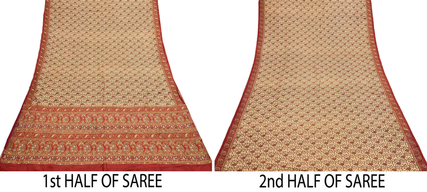 Indian Pre-Owned Sari Rusty & Beige Pure Crepe Silk Pre-owned Hand Embroidered Ritu Kumar Designer Sarees Fabric 5Yd Ethnic