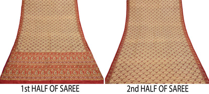 Indian Pre-Owned Sari Rusty & Beige Pure Crepe Silk Pre-owned Hand Embroidered Ritu Kumar Designer Sarees Fabric 5Yd Ethnic