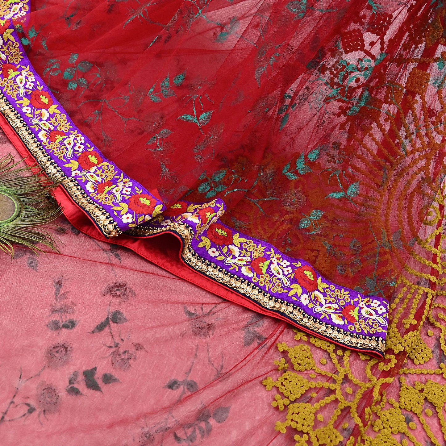 Indian Pre-owned Saree Red Mesh/Net Hand Embroidered Sabyasachi Designer Sari 5Yd Soft Ethnic Bollywood Party saree