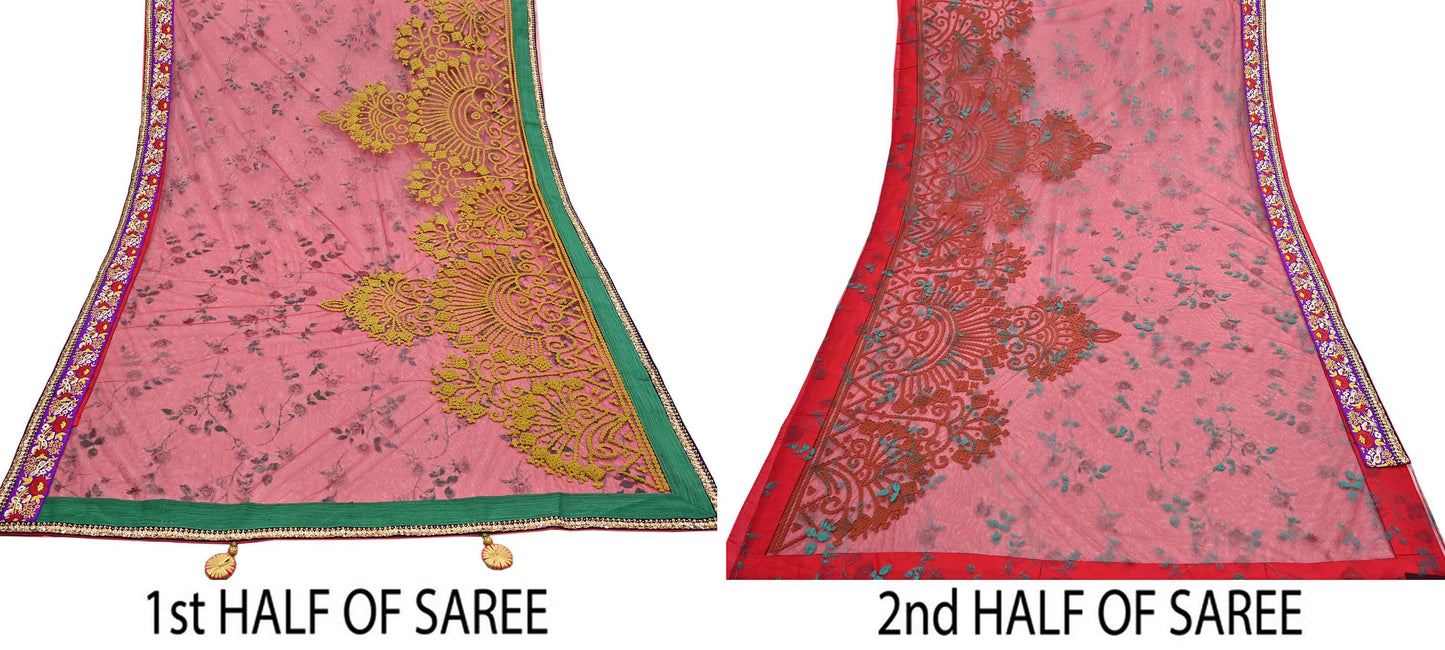 Indian Pre-owned Saree Red Mesh/Net Hand Embroidered Sabyasachi Designer Sari 5Yd Soft Ethnic Bollywood Party saree