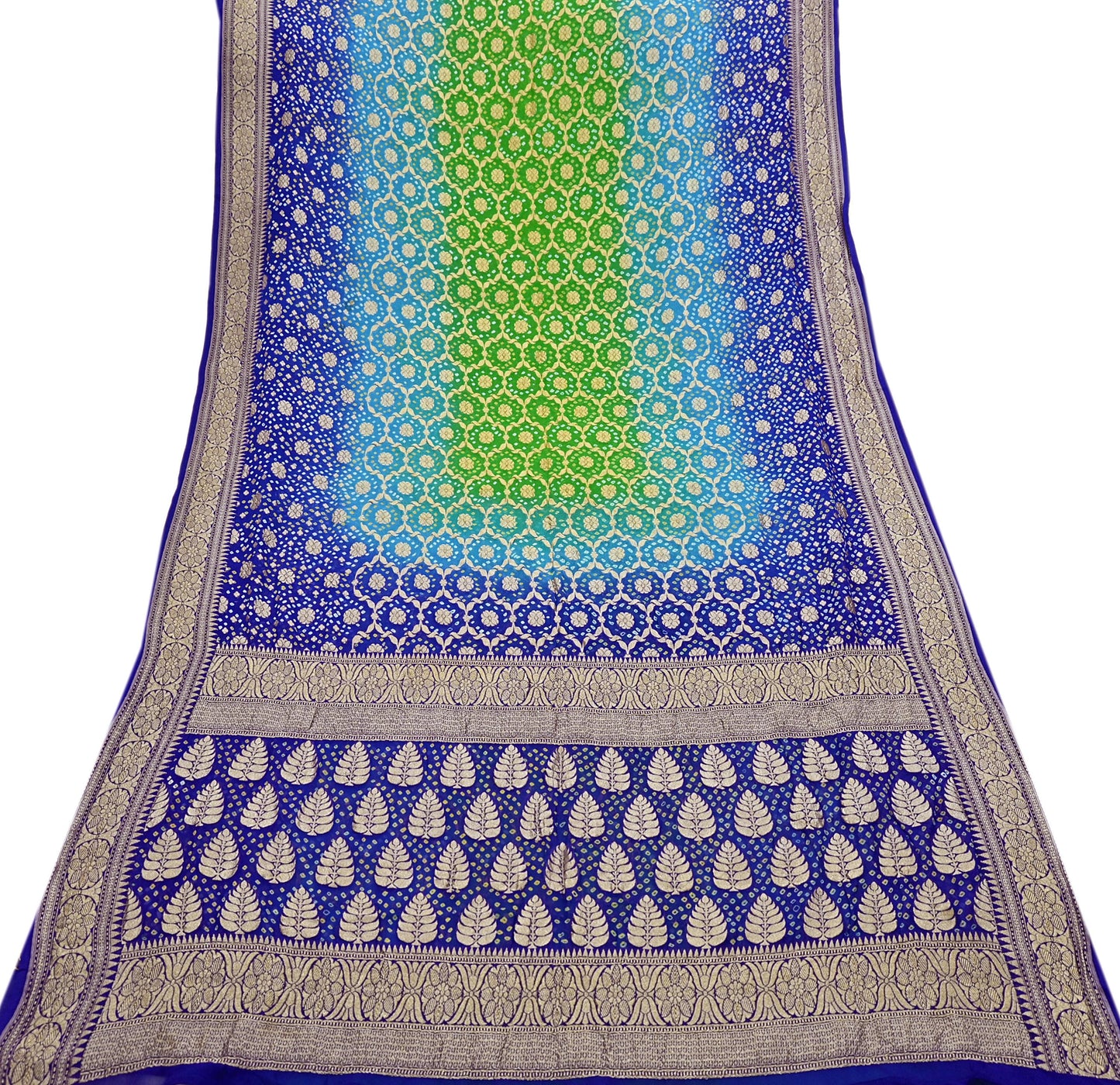 Indian Pre-Owned Sari Blue & Green Pure Georgette silk Hand Woven Bandhani Sarees Ethnic Zari Wedding Saree