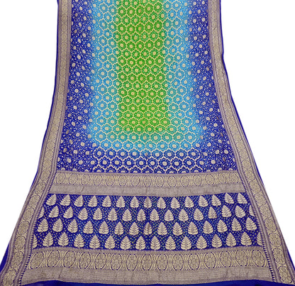Indian Pre-Owned Sari Blue & Green Pure Georgette silk Hand Woven Bandhani Sarees Ethnic Zari Wedding Saree