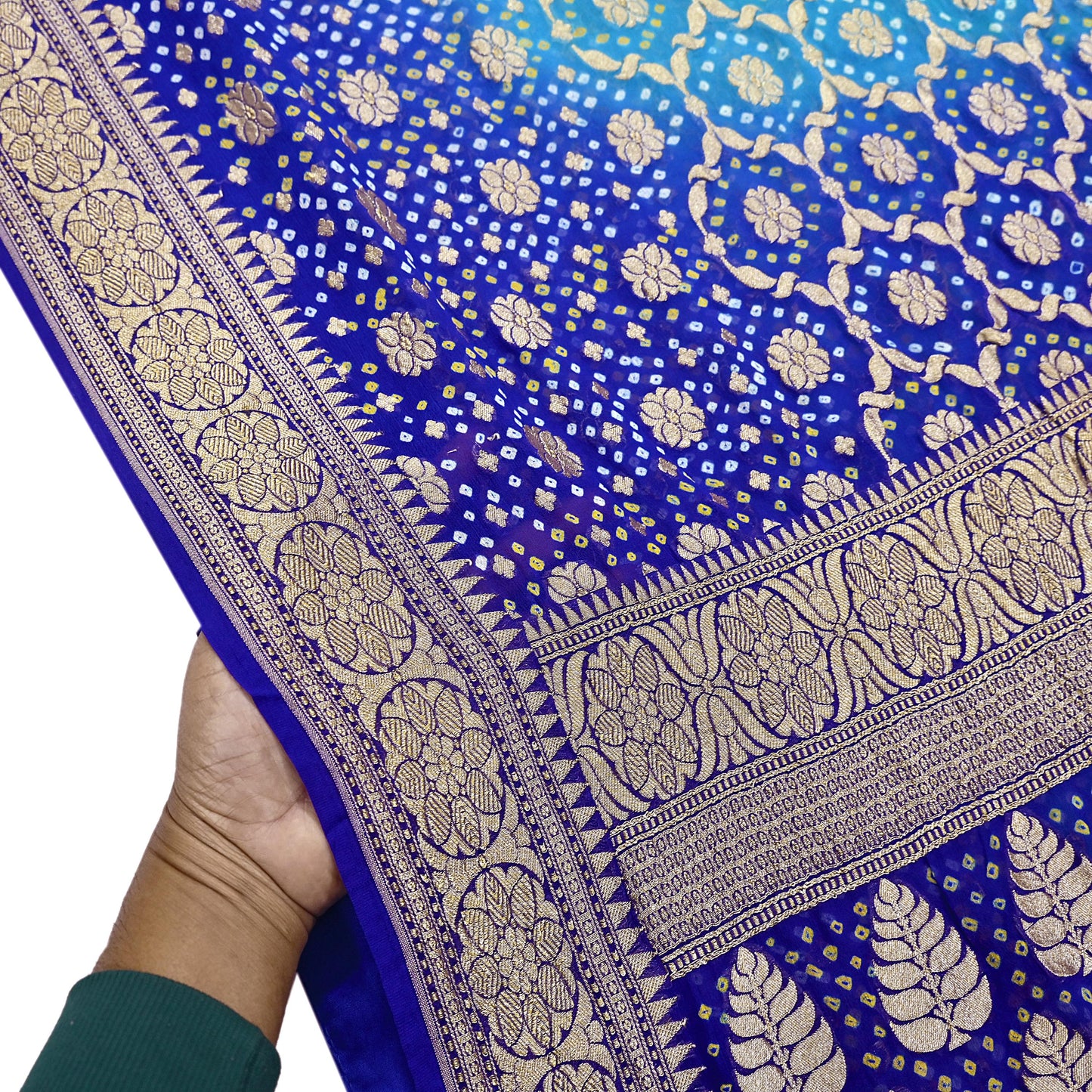 Indian Pre-Owned Sari Blue & Green Pure Georgette silk Hand Woven Bandhani Sarees Ethnic Zari Wedding Saree