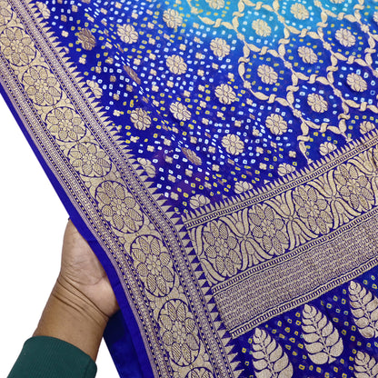 Indian Pre-Owned Sari Blue & Green Pure Georgette silk Hand Woven Bandhani Sarees Ethnic Zari Wedding Saree