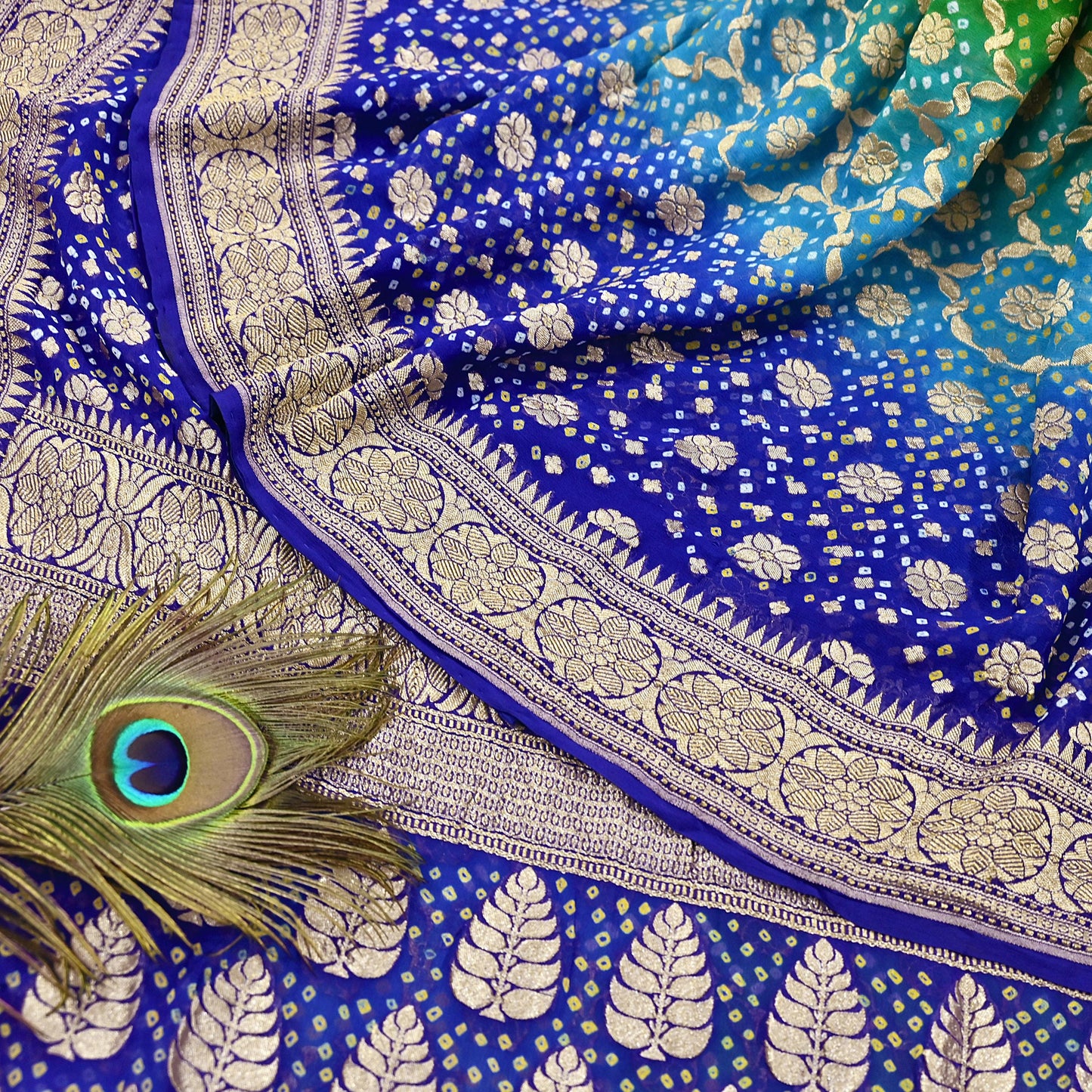 Indian Pre-Owned Sari Blue & Green Pure Georgette silk Hand Woven Bandhani Sarees Ethnic Zari Wedding Saree