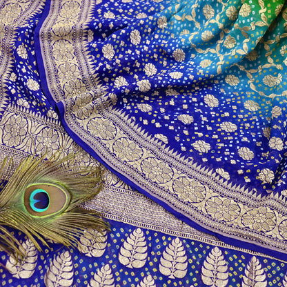 Indian Pre-Owned Sari Blue & Green Pure Georgette silk Hand Woven Bandhani Sarees Ethnic Zari Wedding Saree