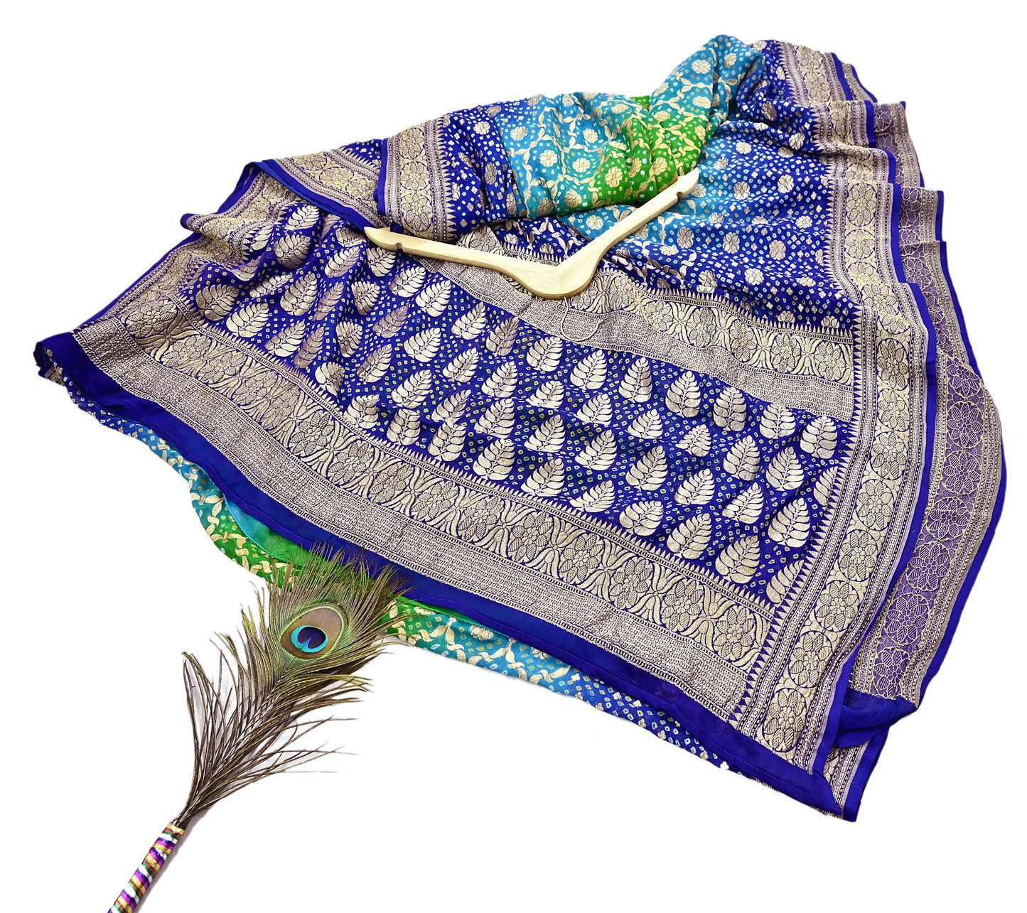 Indian Pre-Owned Sari Blue & Green Pure Georgette silk Hand Woven Bandhani Sarees Ethnic Zari Wedding Saree