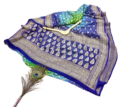 Indian Pre-Owned Sari Blue & Green Pure Georgette silk Hand Woven Bandhani Sarees Ethnic Zari Wedding Saree