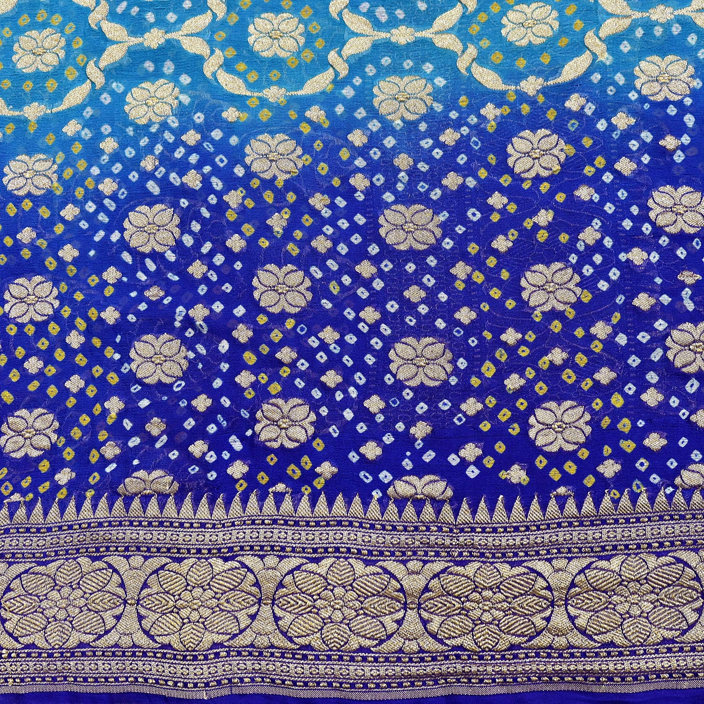 Indian Pre-Owned Sari Blue & Green Pure Georgette silk Hand Woven Bandhani Sarees Ethnic Zari Wedding Saree