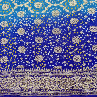 Indian Pre-Owned Sari Blue & Green Pure Georgette silk Hand Woven Bandhani Sarees Ethnic Zari Wedding Saree