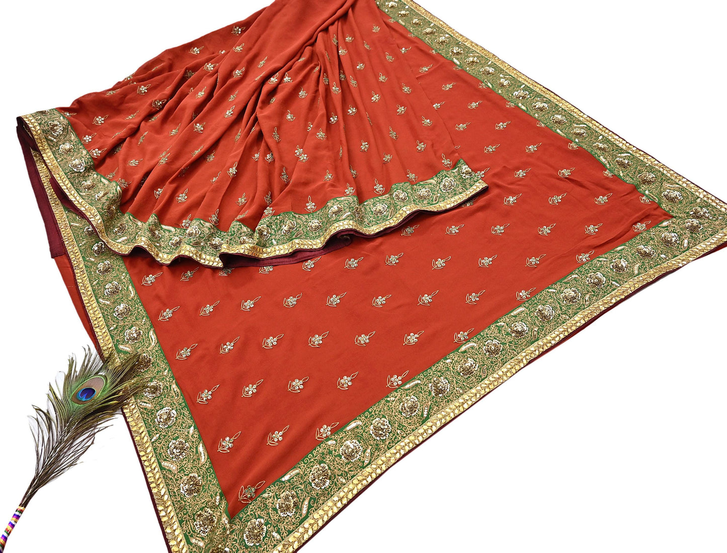 Indian Heavy Sari Orange Pure Georgette Silk Hand Embroidered Sarees Designer Sabyasachi 6Yd Sewing Ethnic Bollywood party wear saree