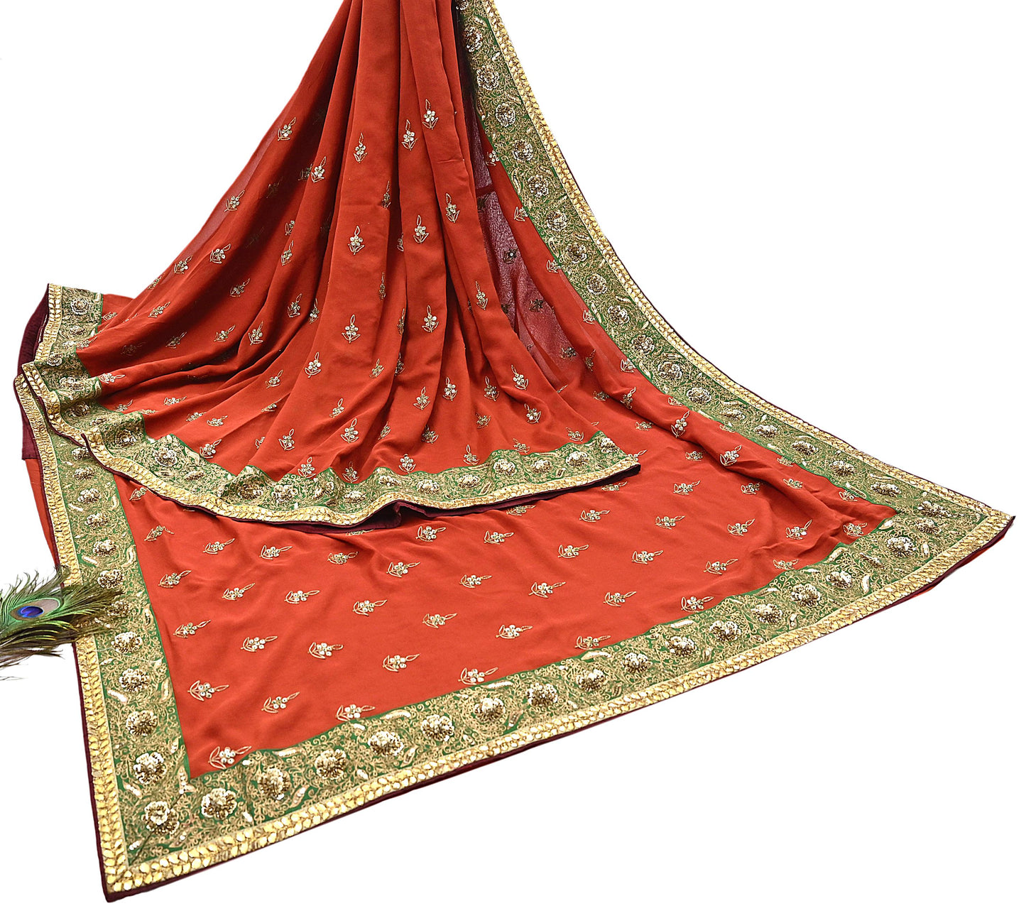 Indian Heavy Sari Orange Pure Georgette Silk Hand Embroidered Sarees Designer Sabyasachi 6Yd Sewing Ethnic Bollywood party wear saree