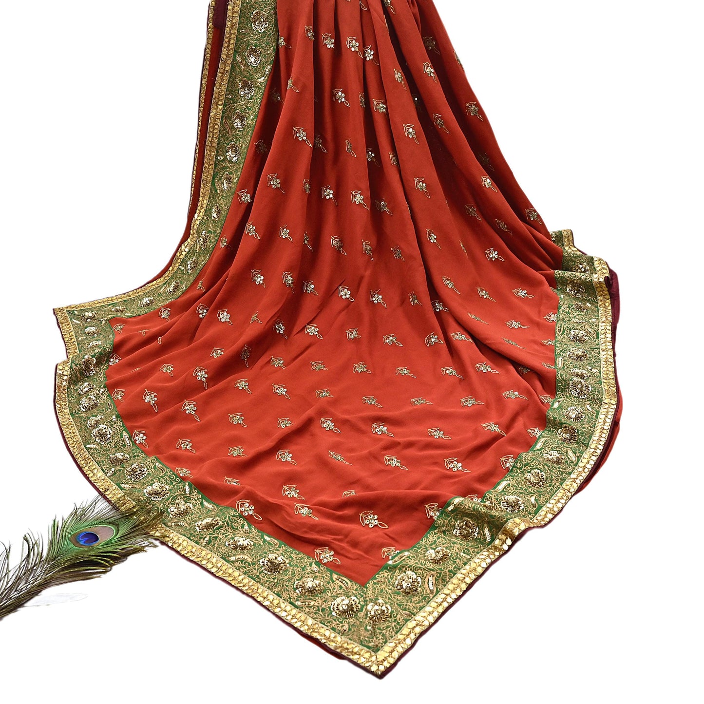Indian Heavy Sari Orange Pure Georgette Silk Hand Embroidered Sarees Designer Sabyasachi 6Yd Sewing Ethnic Bollywood party wear saree
