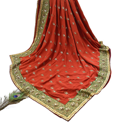 Indian Heavy Sari Orange Pure Georgette Silk Hand Embroidered Sarees Designer Sabyasachi 6Yd Sewing Ethnic Bollywood party wear saree