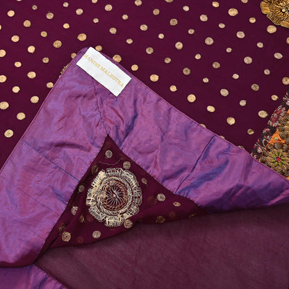 Indian Vintage Sari Purple Pure Georgette Silk Hand Embroidered manish malhotra Designer Saree Ethnic 6Yd Wedding Saree with blouse fabric