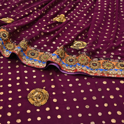 Indian Vintage Sari Purple Pure Georgette Silk Hand Embroidered manish malhotra Designer Saree Ethnic 6Yd Wedding Saree with blouse fabric