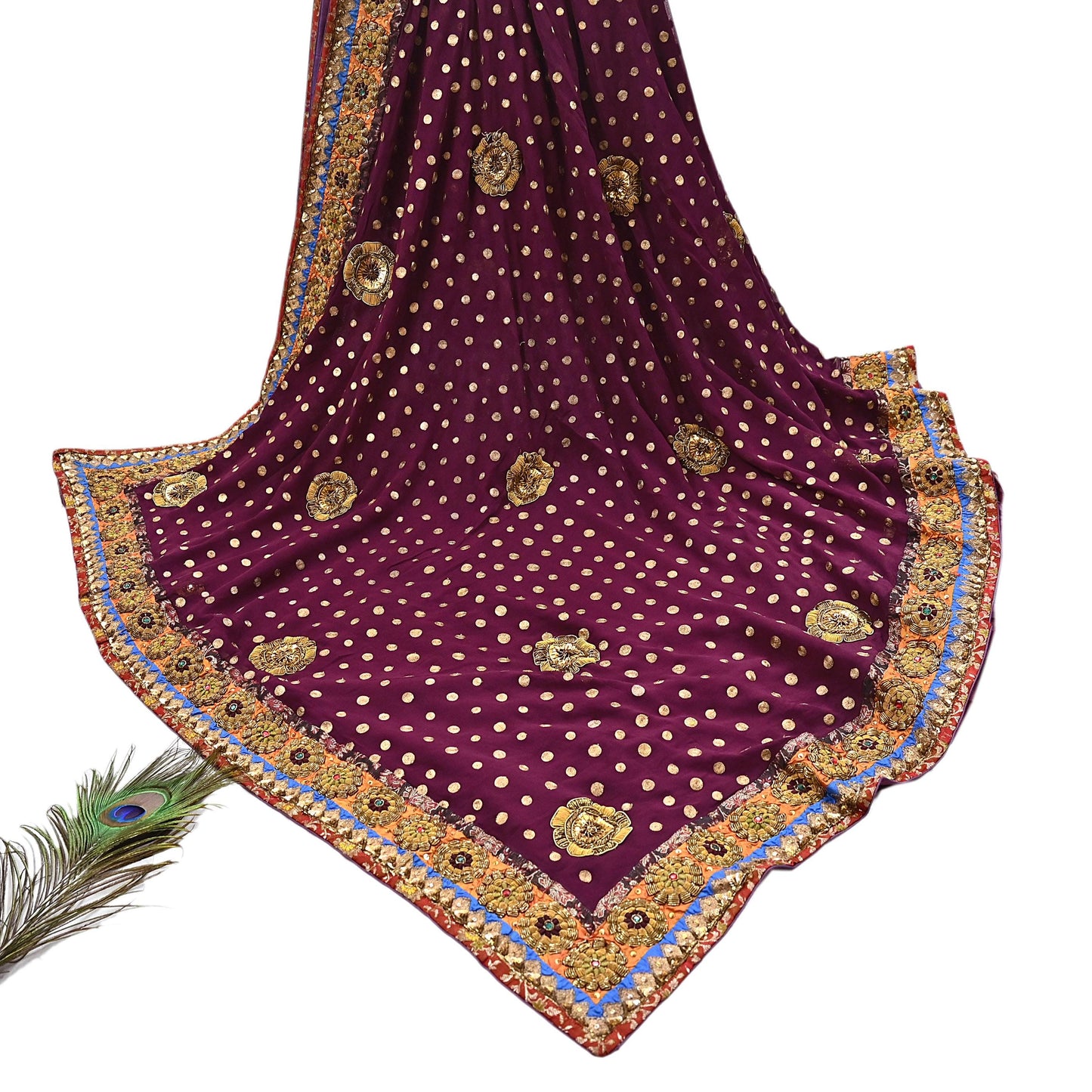Indian Vintage Sari Purple Pure Georgette Silk Hand Embroidered manish malhotra Designer Saree Ethnic 6Yd Wedding Saree with blouse fabric