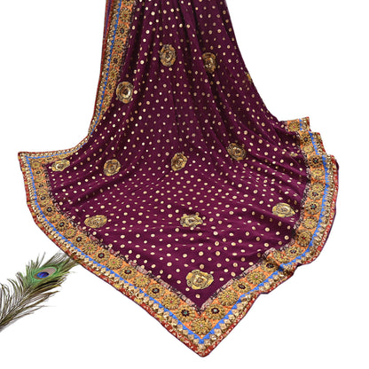 Indian Vintage Sari Purple Pure Georgette Silk Hand Embroidered manish malhotra Designer Saree Ethnic 6Yd Wedding Saree with blouse fabric