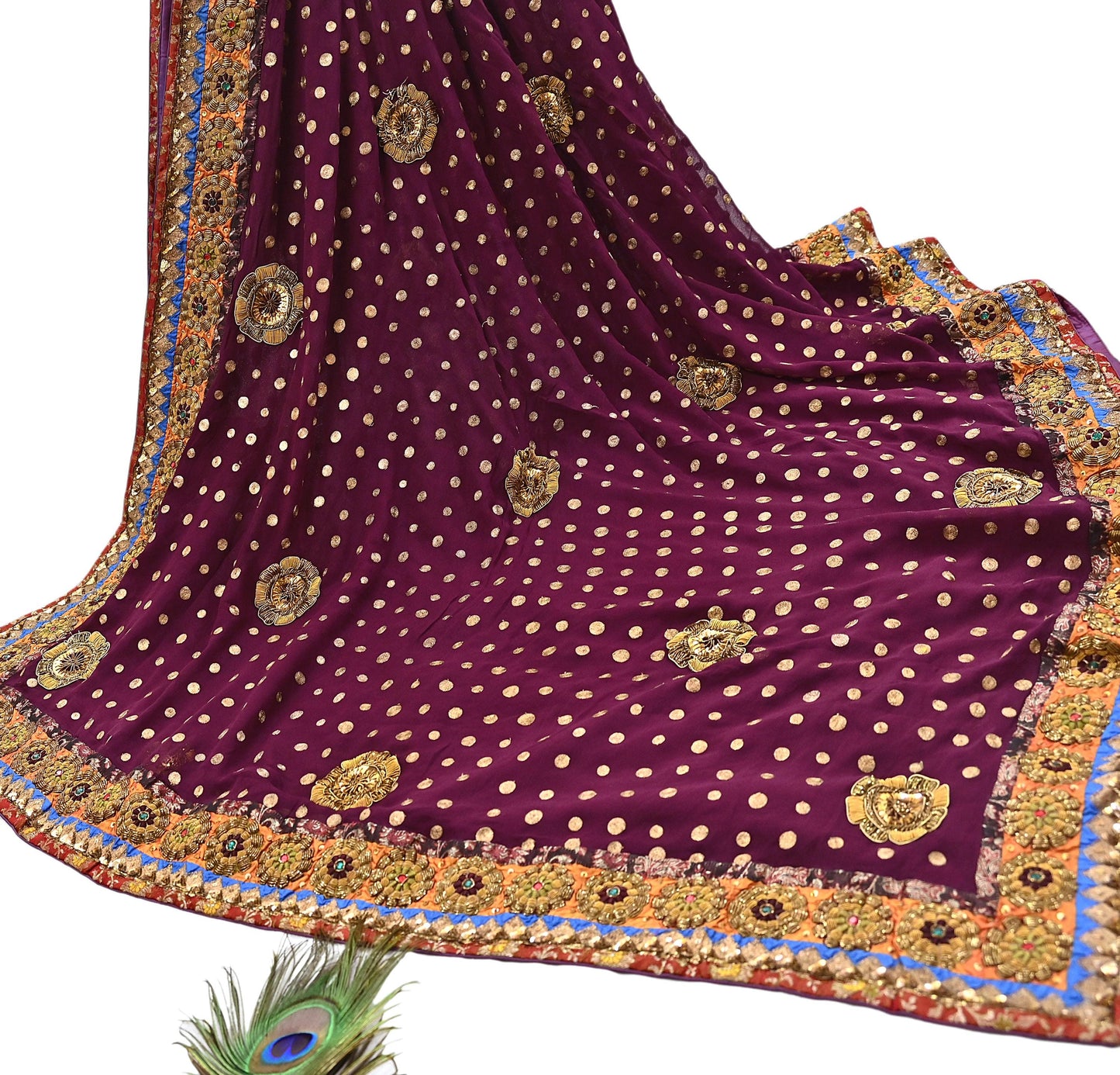 Indian Vintage Sari Purple Pure Georgette Silk Hand Embroidered manish malhotra Designer Saree Ethnic 6Yd Wedding Saree with blouse fabric