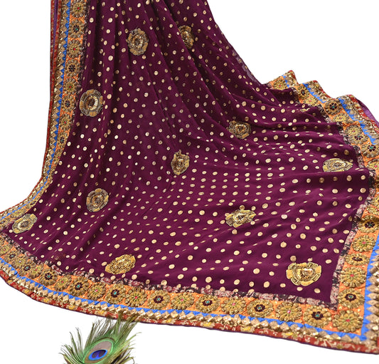 Indian Vintage Sari Purple Pure Georgette Silk Hand Embroidered manish malhotra Designer Saree Ethnic 6Yd Wedding Saree with blouse fabric