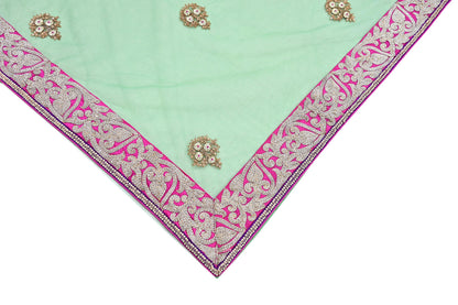 Indian New Heavy Sari Green Net/Mesh Hand Embroidered Designer Manish Malhotra Sarees 6Yd Ethnic Zardozi/Dabka Zari With Blouse Fabric
