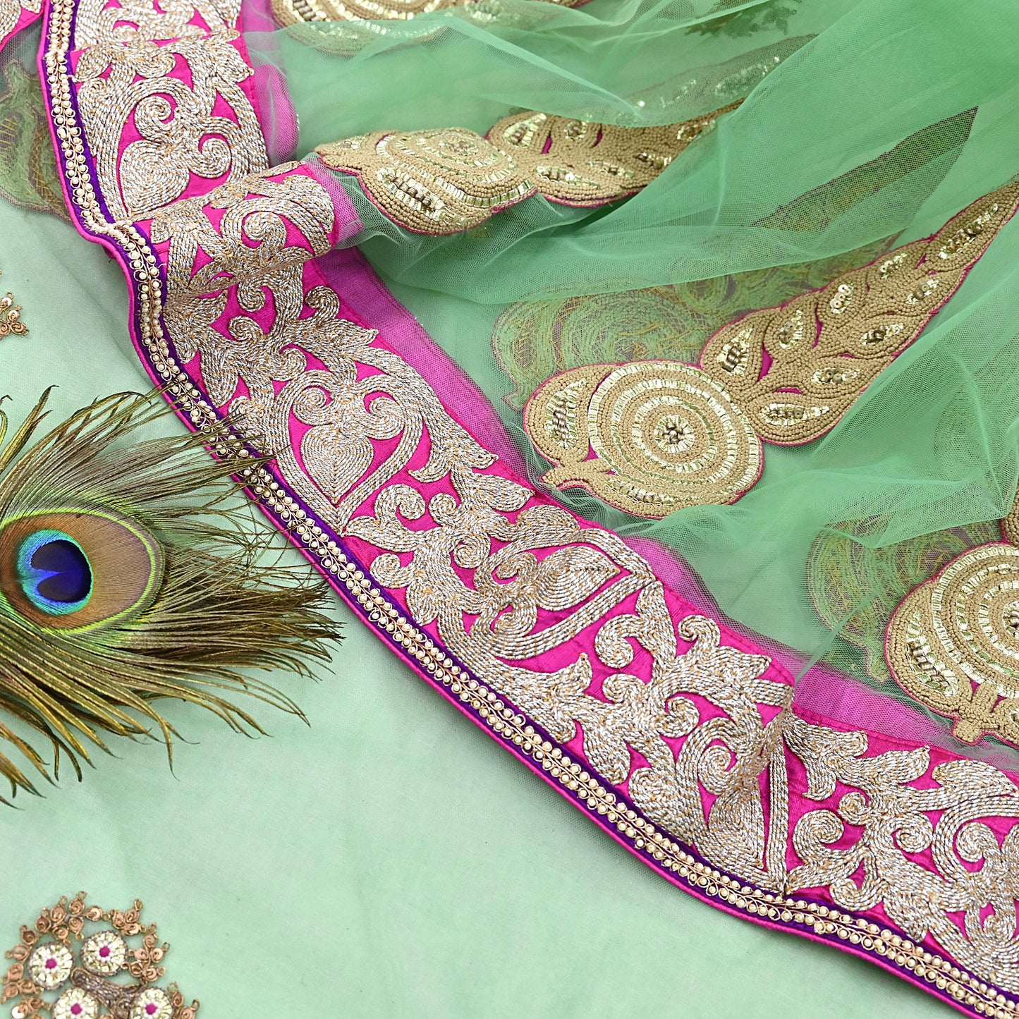 Indian New Heavy Sari Green Net/Mesh Hand Embroidered Designer Manish Malhotra Sarees 6Yd Ethnic Zardozi/Dabka Zari With Blouse Fabric