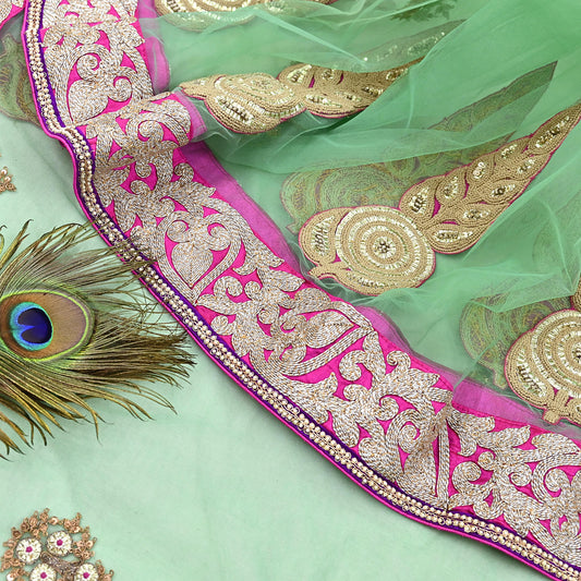 Indian New Heavy Sari Green Net/Mesh Hand Embroidered Designer Manish Malhotra Sarees 6Yd Ethnic Zardozi/Dabka Zari With Blouse Fabric