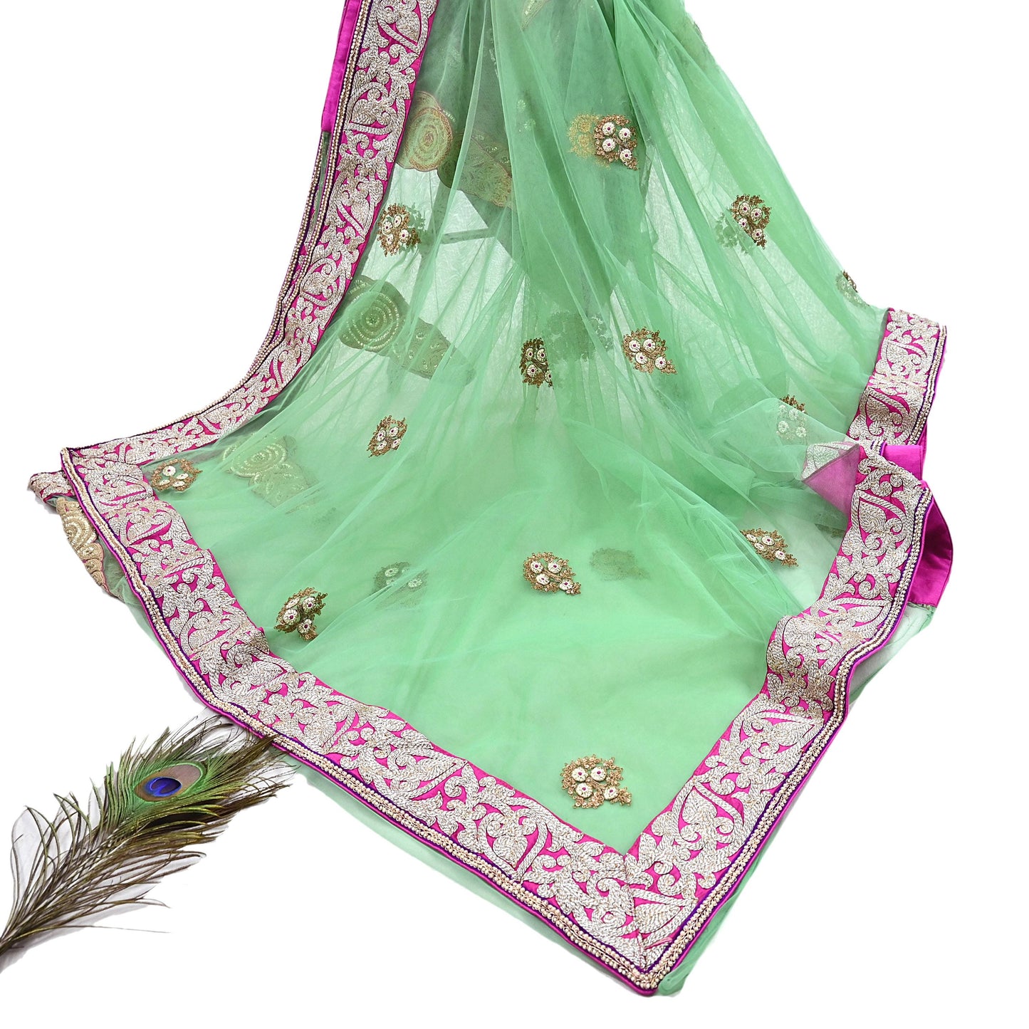 Indian New Heavy Sari Green Net/Mesh Hand Embroidered Designer Manish Malhotra Sarees 6Yd Ethnic Zardozi/Dabka Zari With Blouse Fabric