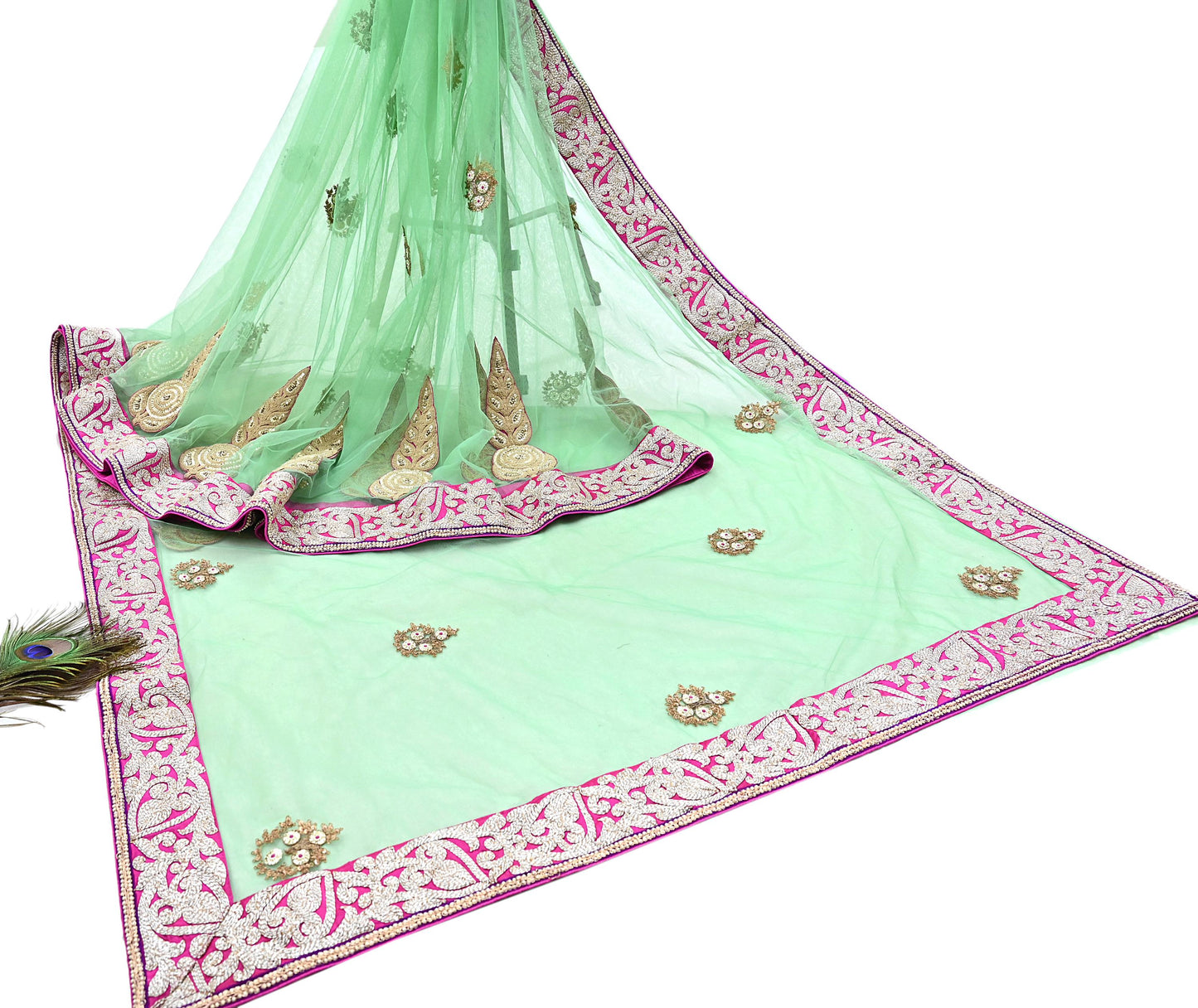 Indian New Heavy Sari Green Net/Mesh Hand Embroidered Designer Manish Malhotra Sarees 6Yd Ethnic Zardozi/Dabka Zari With Blouse Fabric