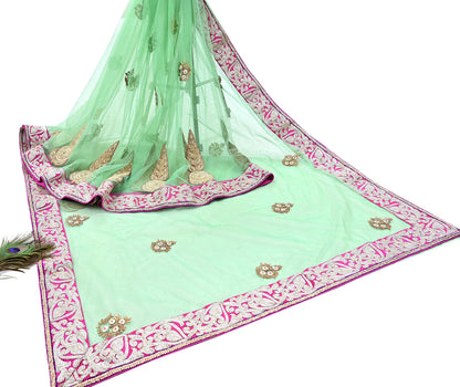 Indian New Heavy Sari Green Net/Mesh Hand Embroidered Designer Manish Malhotra Sarees 6Yd Ethnic Zardozi/Dabka Zari With Blouse Fabric